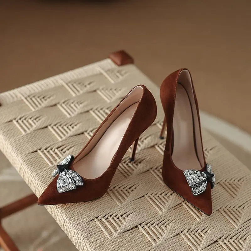 anteikira Women's High Heels with Bows Classic Pointed Closed Toe Heels Sexy Sparkly Rhinestone Stiletto Pumps High Heel Daily Office Work Slip On Wedding Party Dress Shoes