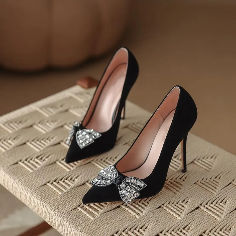 anteikira Women's High Heels with Bows Classic Pointed Closed Toe Heels Sexy Sparkly Rhinestone Stiletto Pumps High Heel Daily Office Work Slip On Wedding Party Dress Shoes