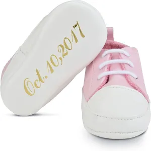 BABYSHOE Personalized Baby Girl Sporty Pink Tennis Sneaker Gender Reveal Hand Embossed Name & Date– Special Occasion Newborn Church Shoes - Great Idea