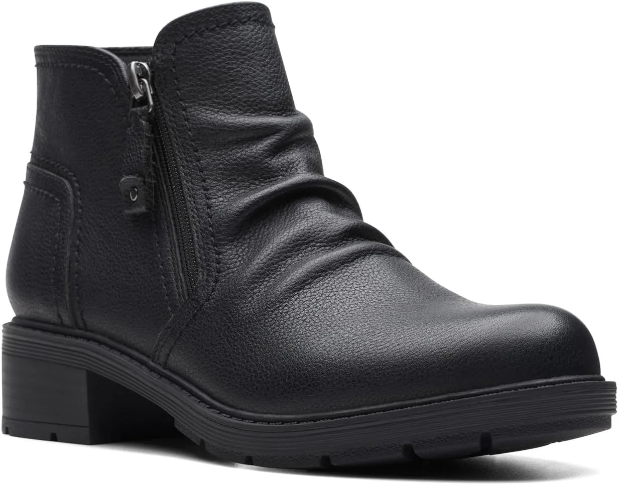 Clarks Womens Hearth Dove Leather Ruched Booties