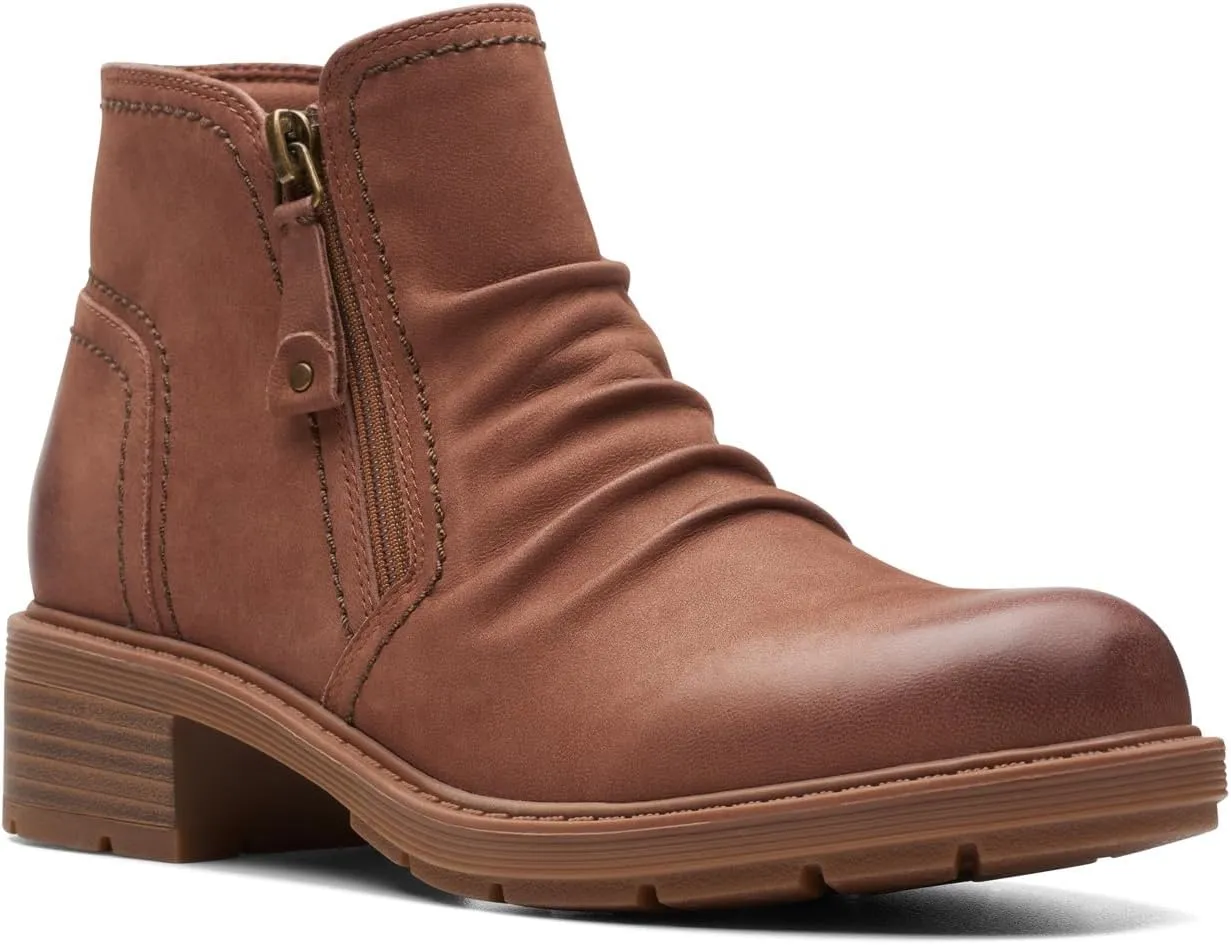 Clarks Womens Hearth Dove Leather Ruched Booties