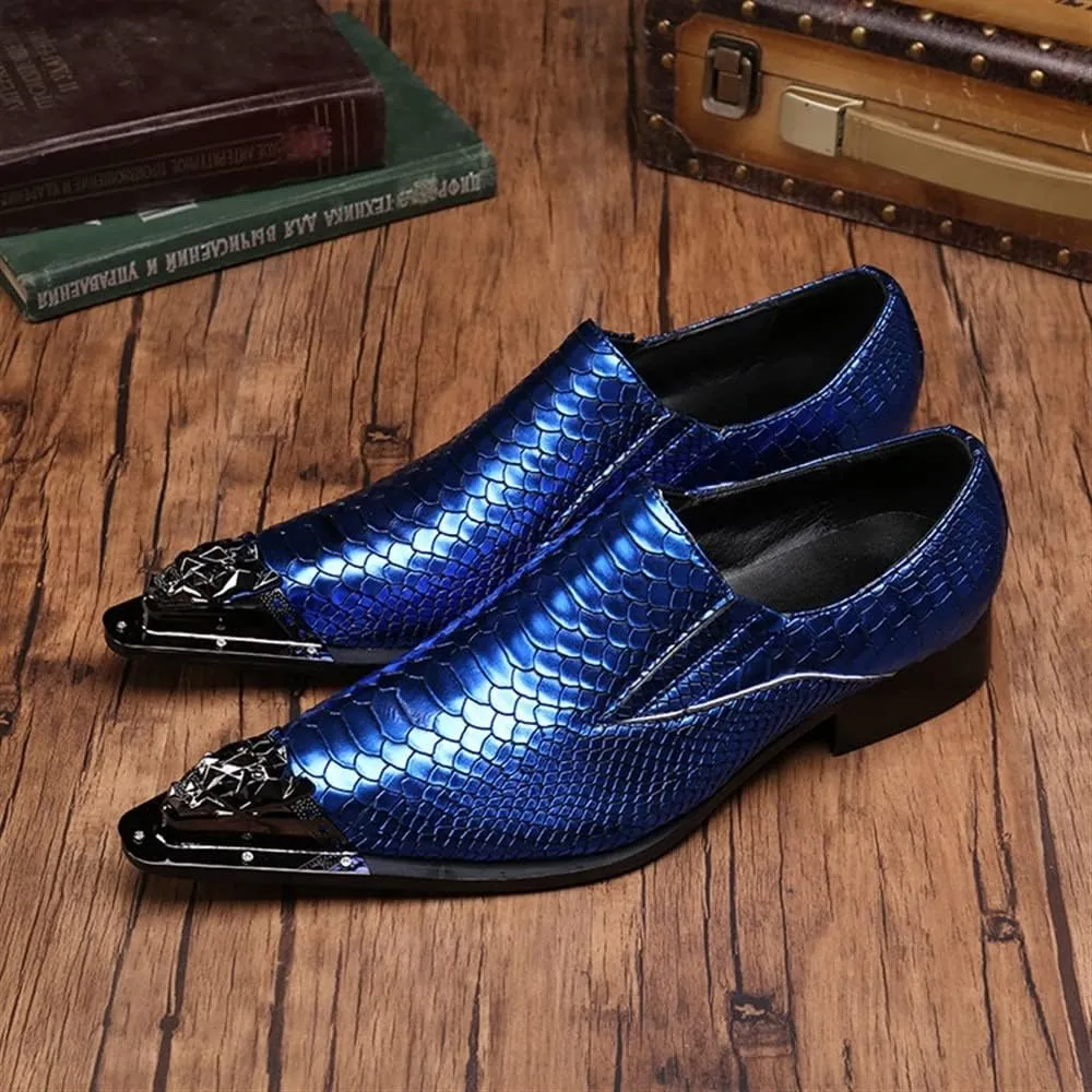 Formal Loafer Dress Oxford for Men Animal Pattern Pointed Metal Toe Flat Heel Slip On for Business Genuine Leather