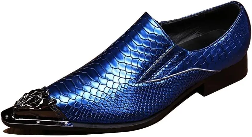 Formal Loafer Dress Oxford for Men Animal Pattern Pointed Metal Toe Flat Heel Slip On for Business Genuine Leather