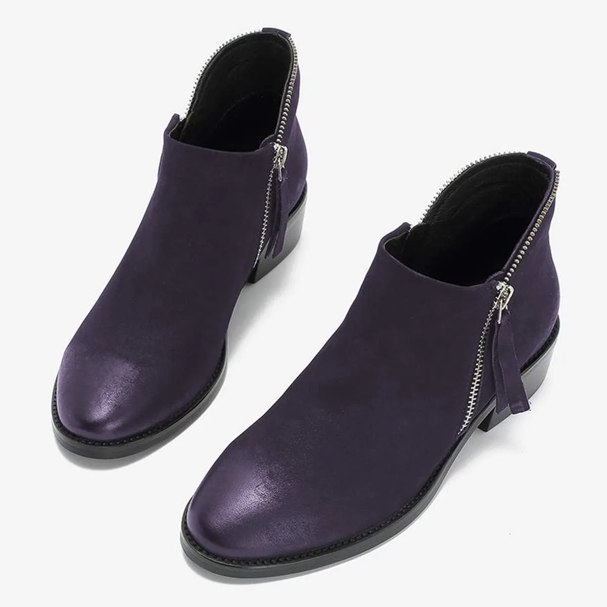 FSJ Women Fashion Zipper Low Chunky Heels Round Toe Classic Office Pull On Loafer Shoes Size 4-15 M US