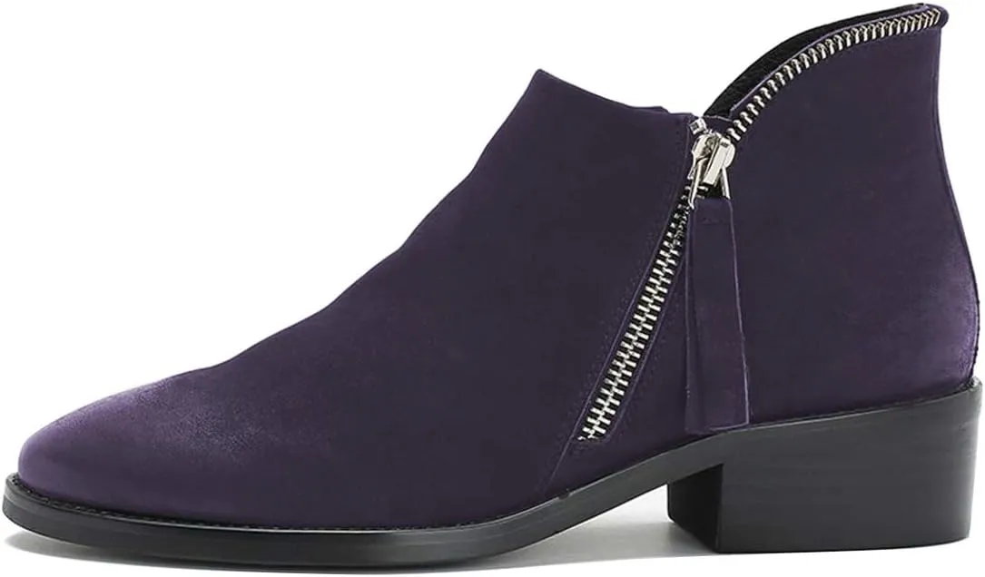 FSJ Women Fashion Zipper Low Chunky Heels Round Toe Classic Office Pull On Loafer Shoes Size 4-15 M US