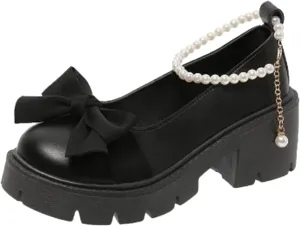 HINDOLA Platform Loafers for Women Bowknot Pearl Buckle Mary Jane Shoes Fashion Casual British Style Chunky Heel Loafers
