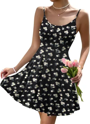 HOTOUCH Women's Summer Dress Adjustable Spaghetti Strap Floral Mini Casual Dress with Pockets Fit & Flare Beach Sundress