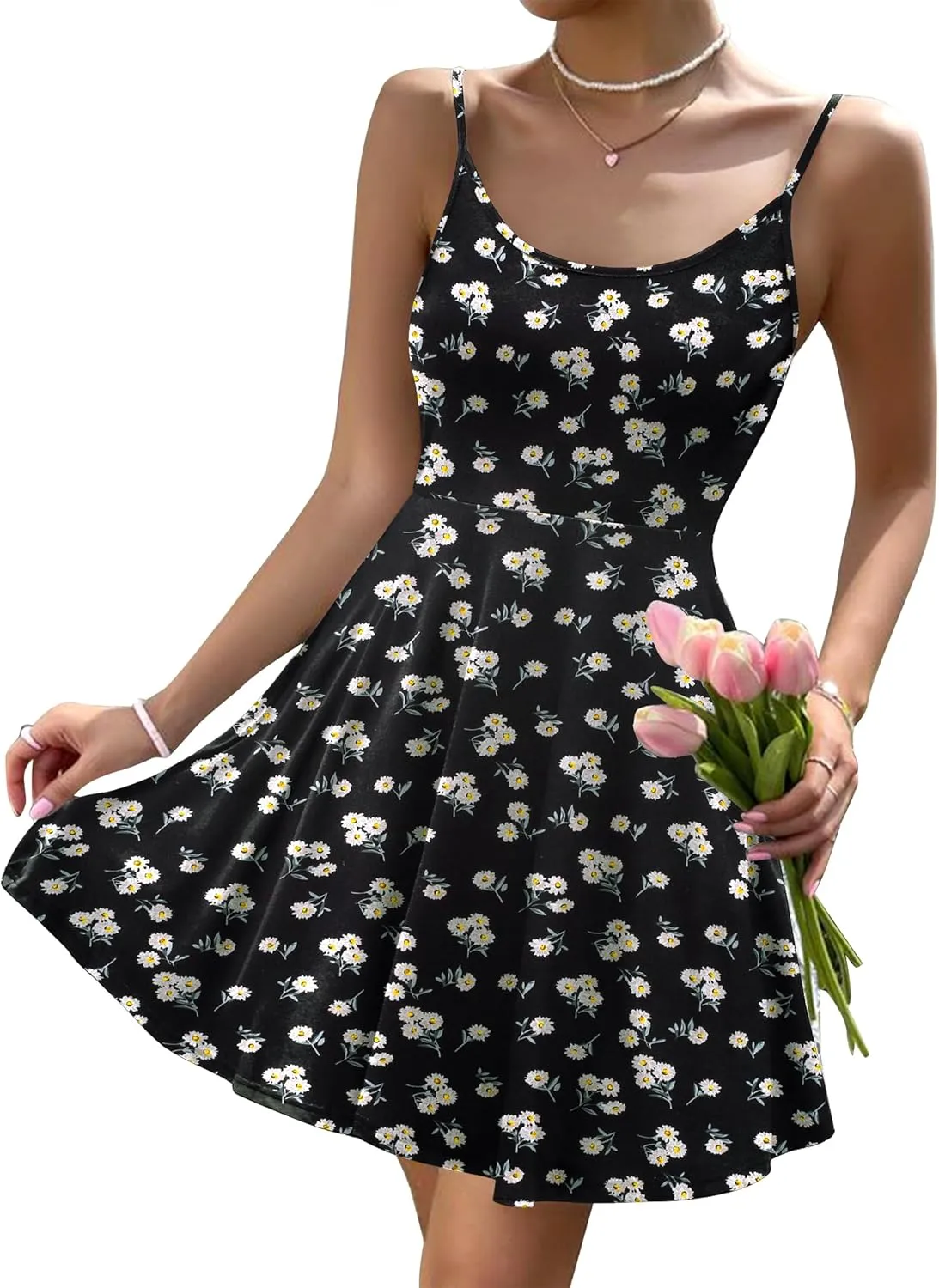 HOTOUCH Women's Summer Dress Adjustable Spaghetti Strap Floral Mini Casual Dress with Pockets Fit & Flare Beach Sundress