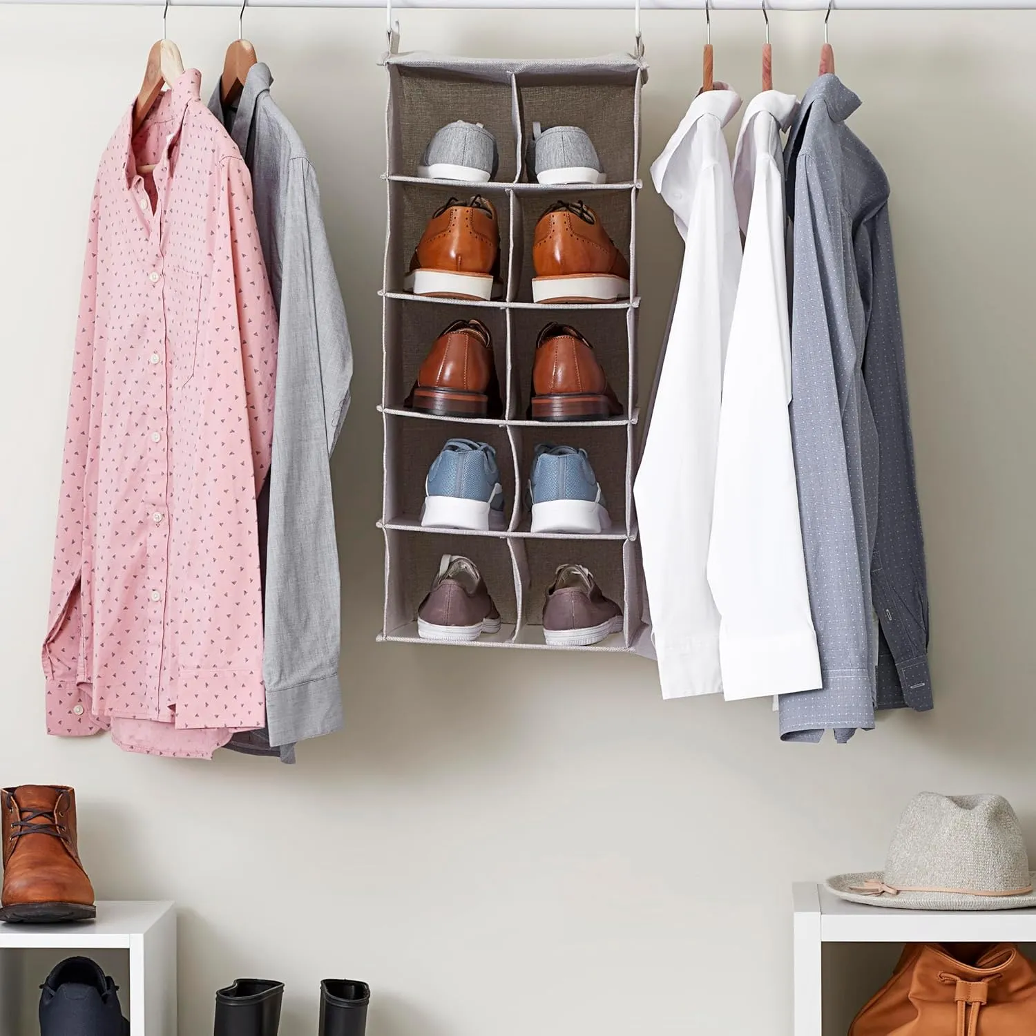 Household Essentials 10-Pocket Hanging Shoe Organizer, Side-by-Side Blended Canvas Storage, 2 Hooks for Excellent Support, The Perfect Space-Saving Organizer
