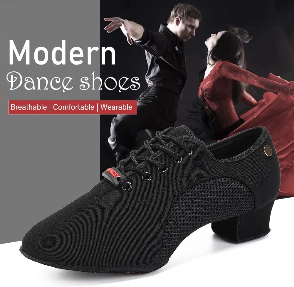 JUODVMP Women's Ballroom Dance Practice Shoes Breathable Canvas Chunky Heel Salsa Dance Shoes,Closed Toe