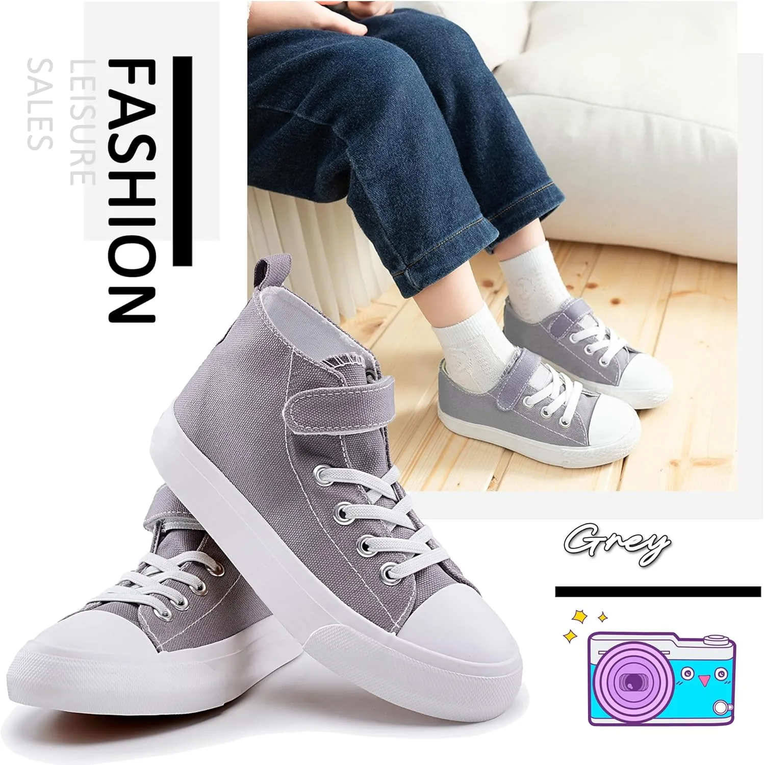 Kids Canvas Sneakers for Boys Girls Lace-up Canvas Shoes Low Top Toddler Walking Shoes Casual Lightweight Adjustable Strap Big Kid Running Sneakers