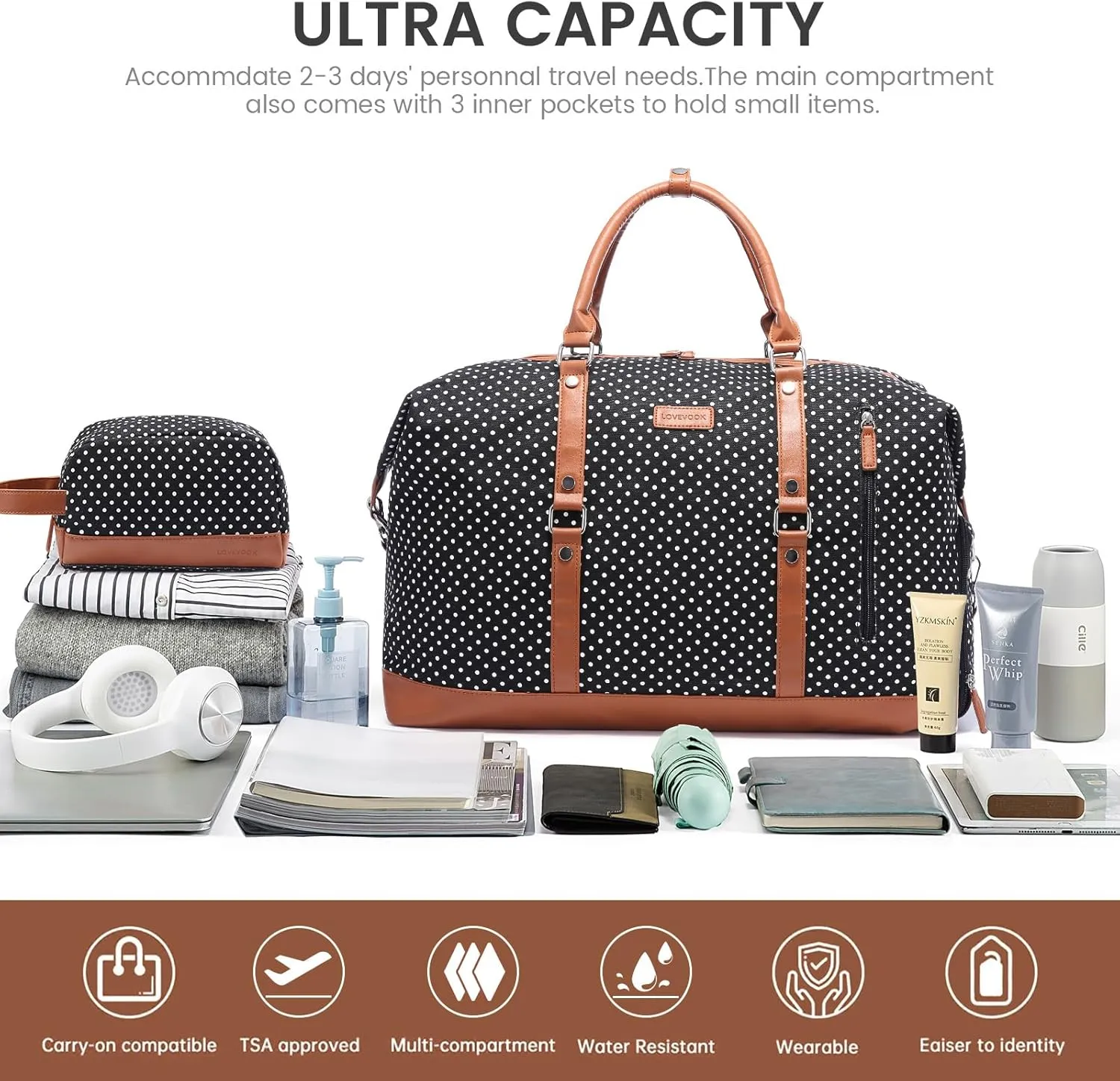 LOVEVOOK Canvas Travel Duffel Bag for Women, Carry on Overnight Bag, Large Capacity Weekender Tote Bag with Shoe Compartment