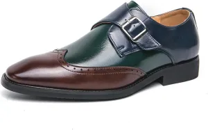 Men's Patchwork Leather Slip-On Brogues Oxford Shoes Fashion Wingtips Two Tone Monk Strap Chunky Heel Business Dress Loafer Round-Toe Lace up Low Top Formal Work Shoes
