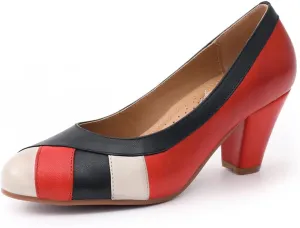 Mona flying Womens Retro Dress Pumps 7cm Chunky Heel Leather Dressy Shoes for Ladies