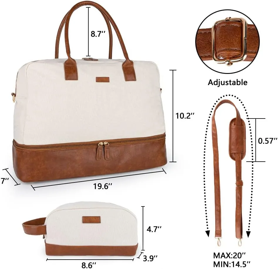 MyMealivos Canvas Weekender Bag, Overnight Travel Carry On Duffel with Shoe Pouch (Ivory)