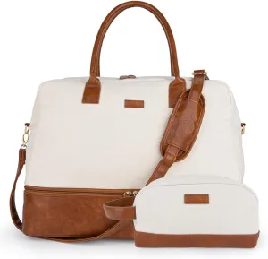 MyMealivos Canvas Weekender Bag, Overnight Travel Carry On Duffel with Shoe Pouch (Ivory)