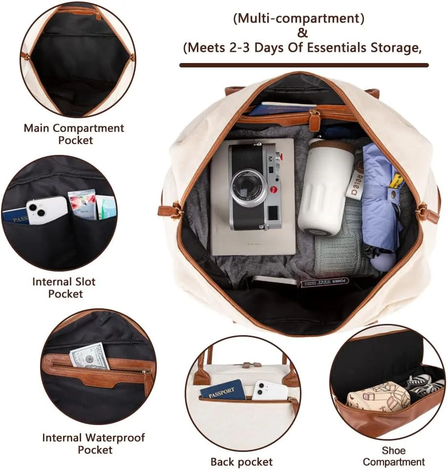 MyMealivos Canvas Weekender Bag, Overnight Travel Carry On Duffel with Shoe Pouch (Ivory)