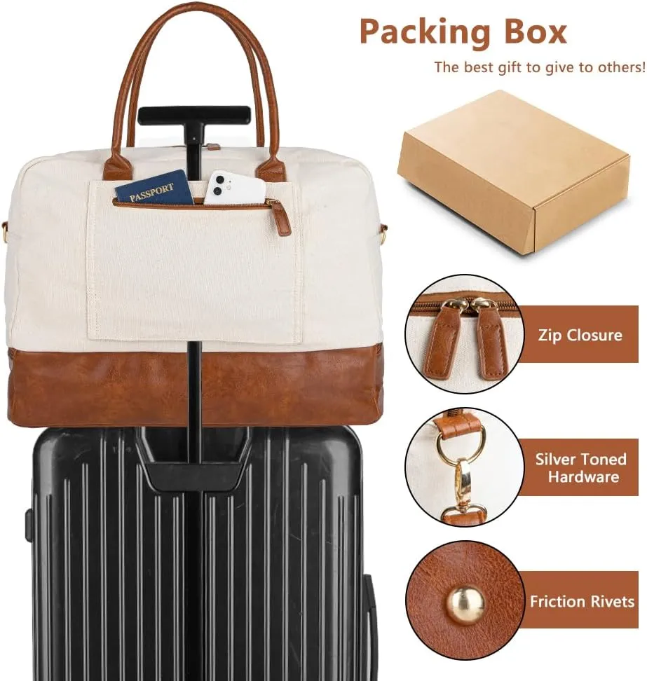 MyMealivos Canvas Weekender Bag, Overnight Travel Carry On Duffel with Shoe Pouch (Ivory)