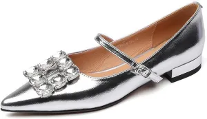 NELSBREXWomen'S Patent Leather Rhinestone Chunky Low-Heeled Mary Jane Shoes Sexy Pointed Toe Comfortable Non-Slip Block Heel Dress Pumps with Adjust Buckle for Business Wedding Formal