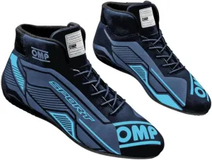 OMP Racing Driving Shoe, Sport, Mid-Top, FIA Approved, Leather Outer, Nomex Inner, Black/Cyan, Euro 39, Pair
