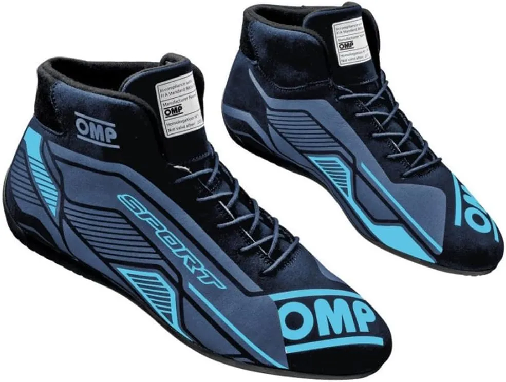 OMP Racing Driving Shoe, Sport, Mid-Top, FIA Approved, Leather Outer, Nomex Inner, Black/Cyan, Euro 39, Pair