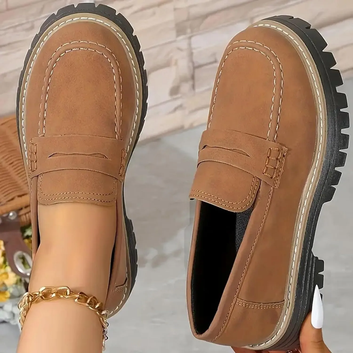 Orthoture-Orthopedic Platform Loafers, Comfort Orthopedic Shoes, Womens Round Toe Walking Shoe, Suede Penny Loafer
