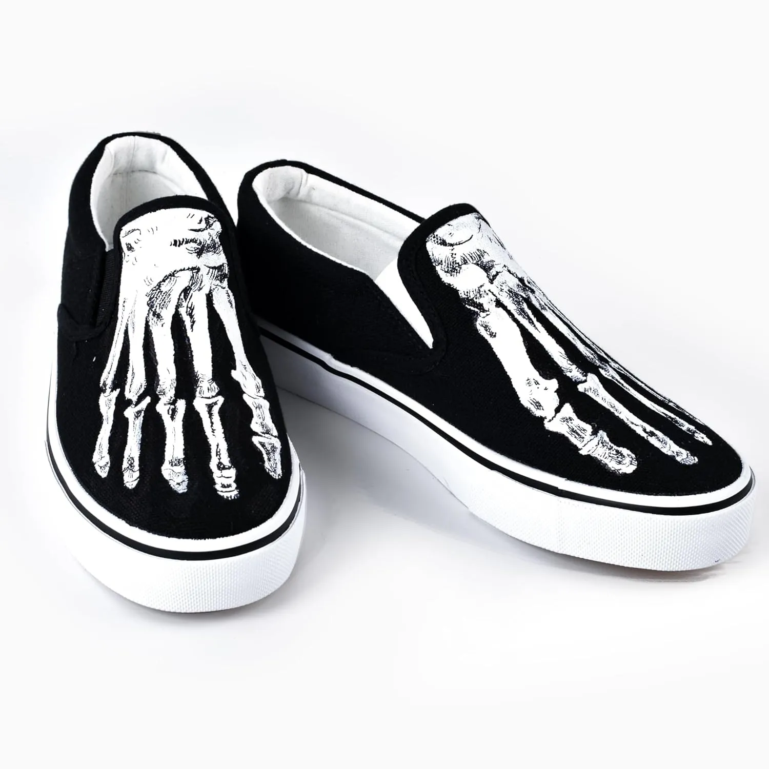 Skeleton Feet Shoes Slip-on Hand Painted Skull Pattern Comfortable Casual Canvas Shoes Unique Customized Gifts (Men 9)
