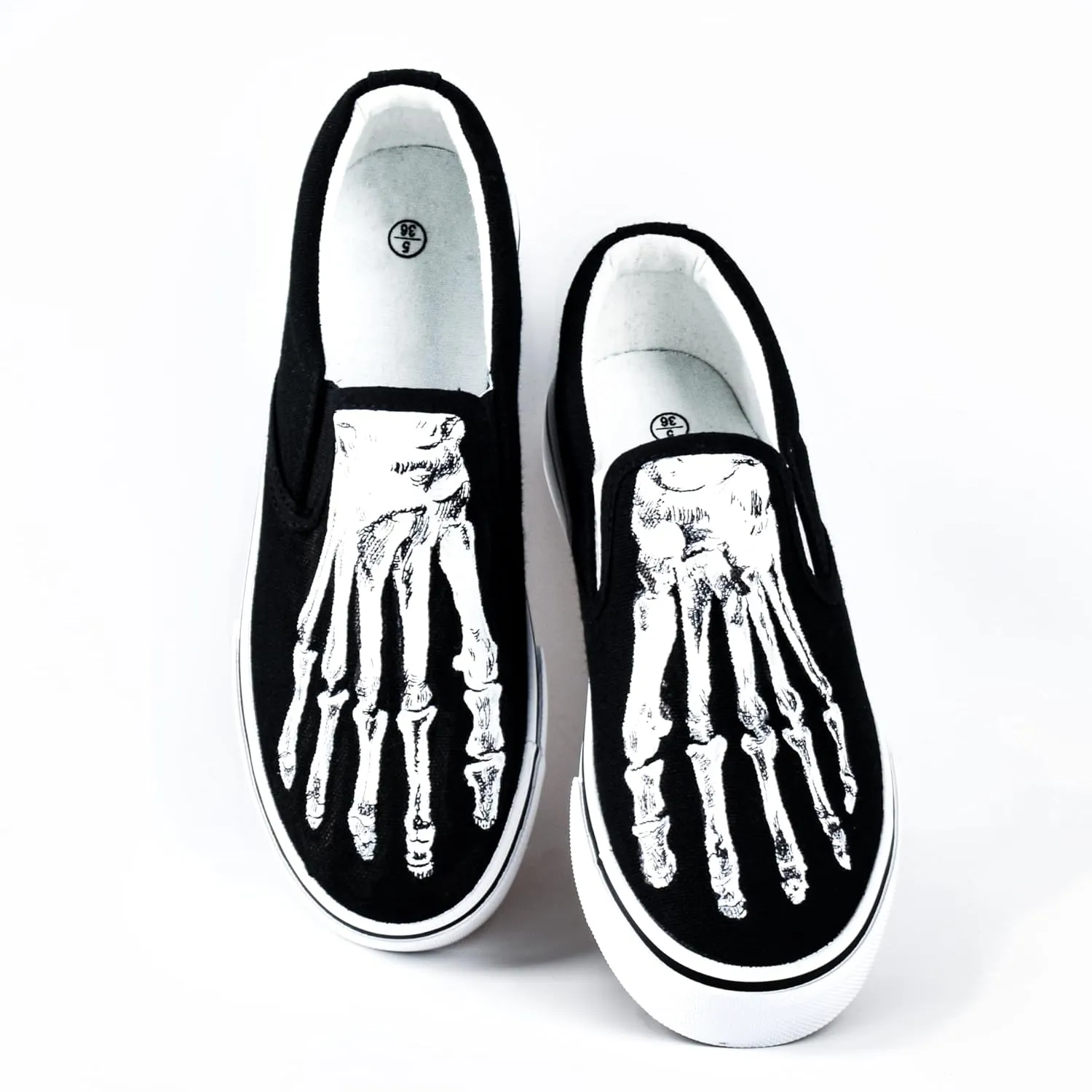 Skeleton Feet Shoes Slip-on Hand Painted Skull Pattern Comfortable Casual Canvas Shoes Unique Customized Gifts (Men 9)
