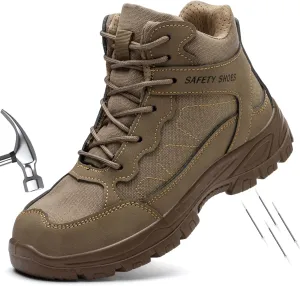 Steel Toe Work Boots for Men, High Top Composite Toe Safety Boots, Ultra-fiber & Canvas Upper, Lace-up, Indestructible Construction Industrial Safety Shoes Brown