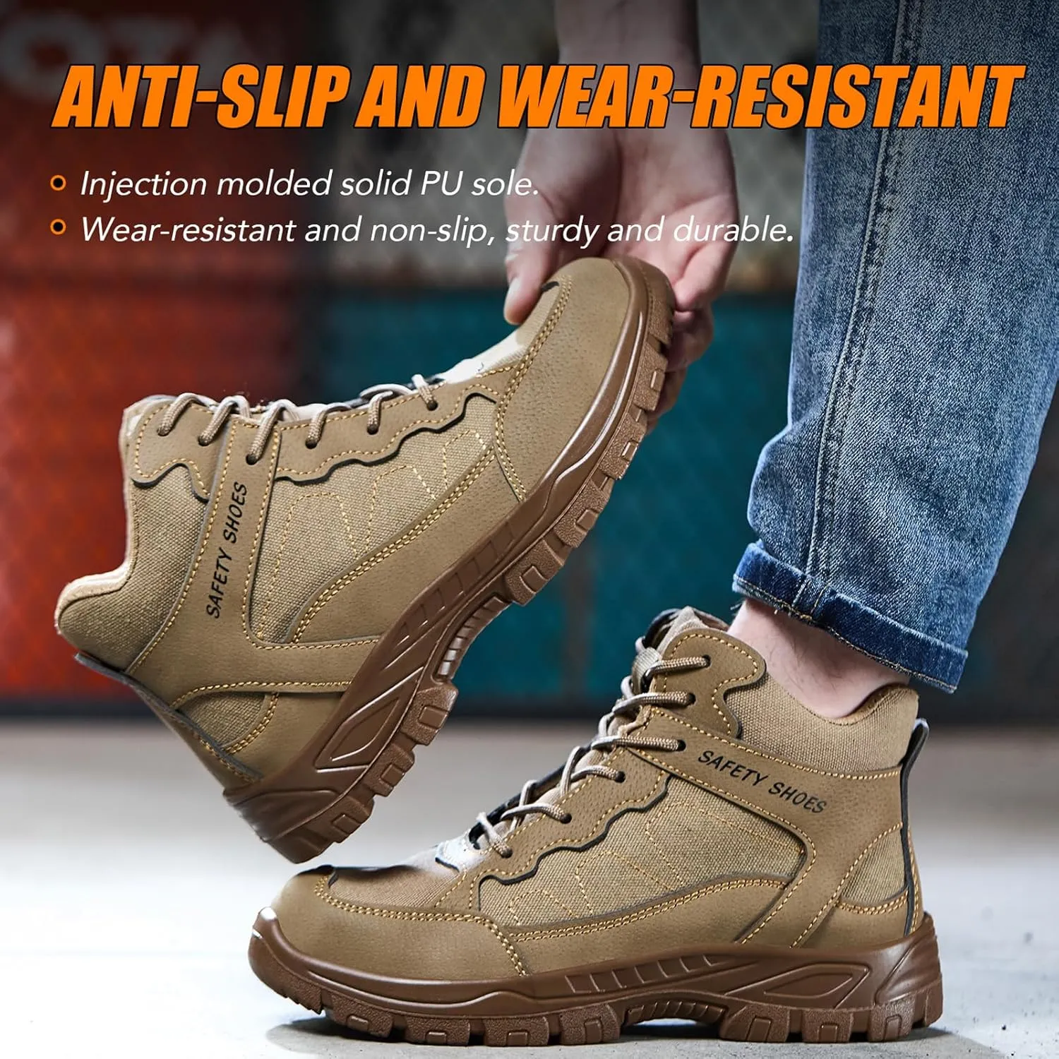 Steel Toe Work Boots for Men, High Top Composite Toe Safety Boots, Ultra-fiber & Canvas Upper, Lace-up, Indestructible Construction Industrial Safety Shoes Brown