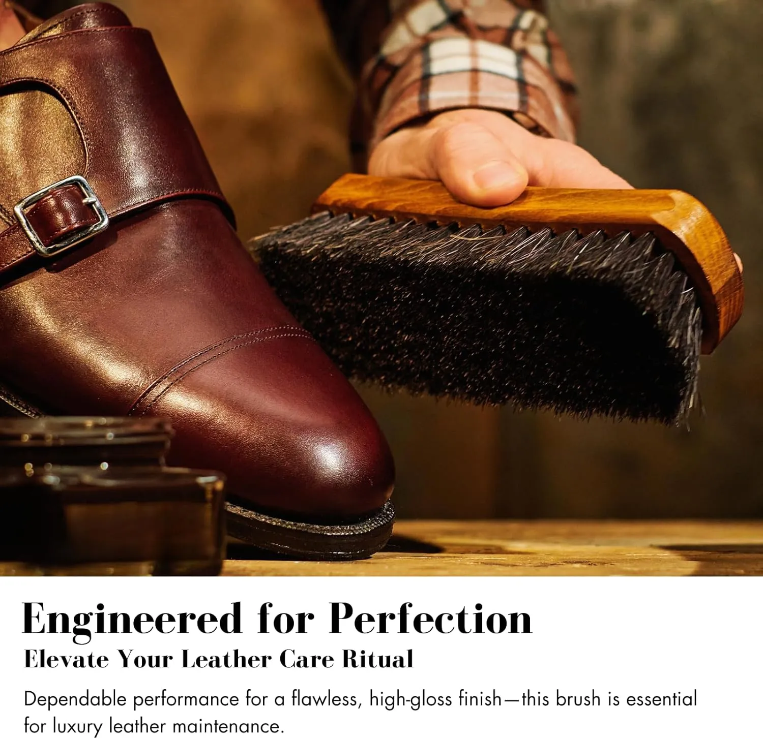 Stone and Clark Luxury Horsehair Shoe Polish Brush – Handcrafted Beechwood Shoe Brush for Shine and Buffing – Premium Shoe Shine Brush with Soft Horsehair Bristles (Brown)