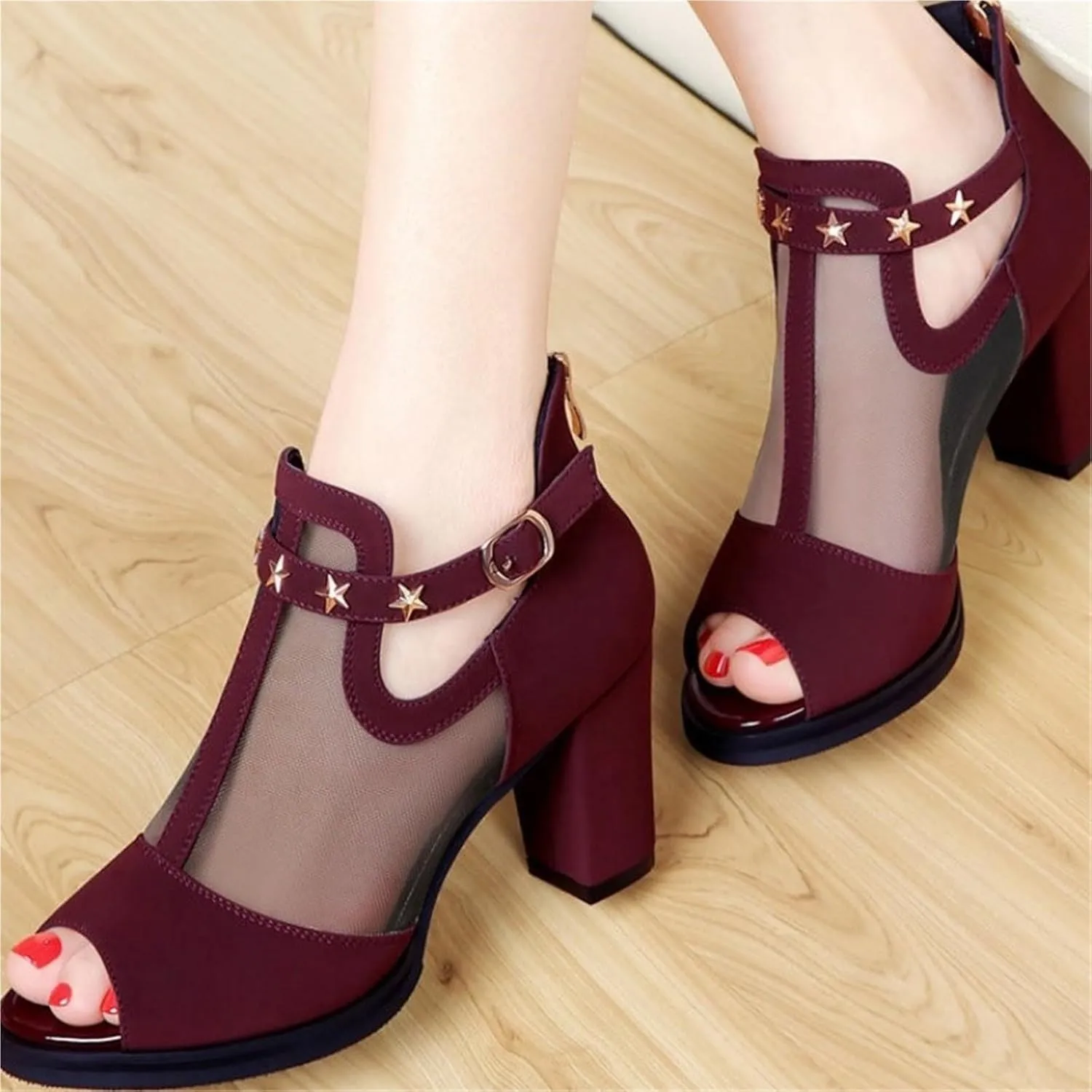 TOSOFT Sexy Mesh Heeled Sandals Shoes For Women Fish Mouth Platform Block Heel Ankle Boots Sandals With Buckle Ankle Strap