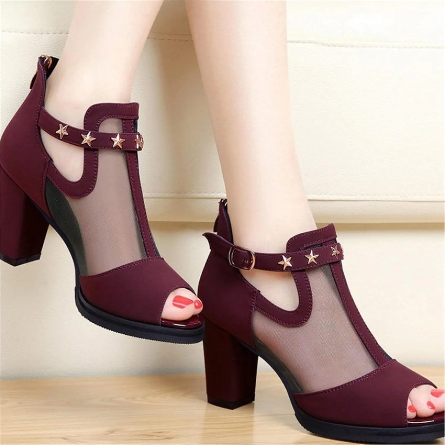 TOSOFT Sexy Mesh Heeled Sandals Shoes For Women Fish Mouth Platform Block Heel Ankle Boots Sandals With Buckle Ankle Strap