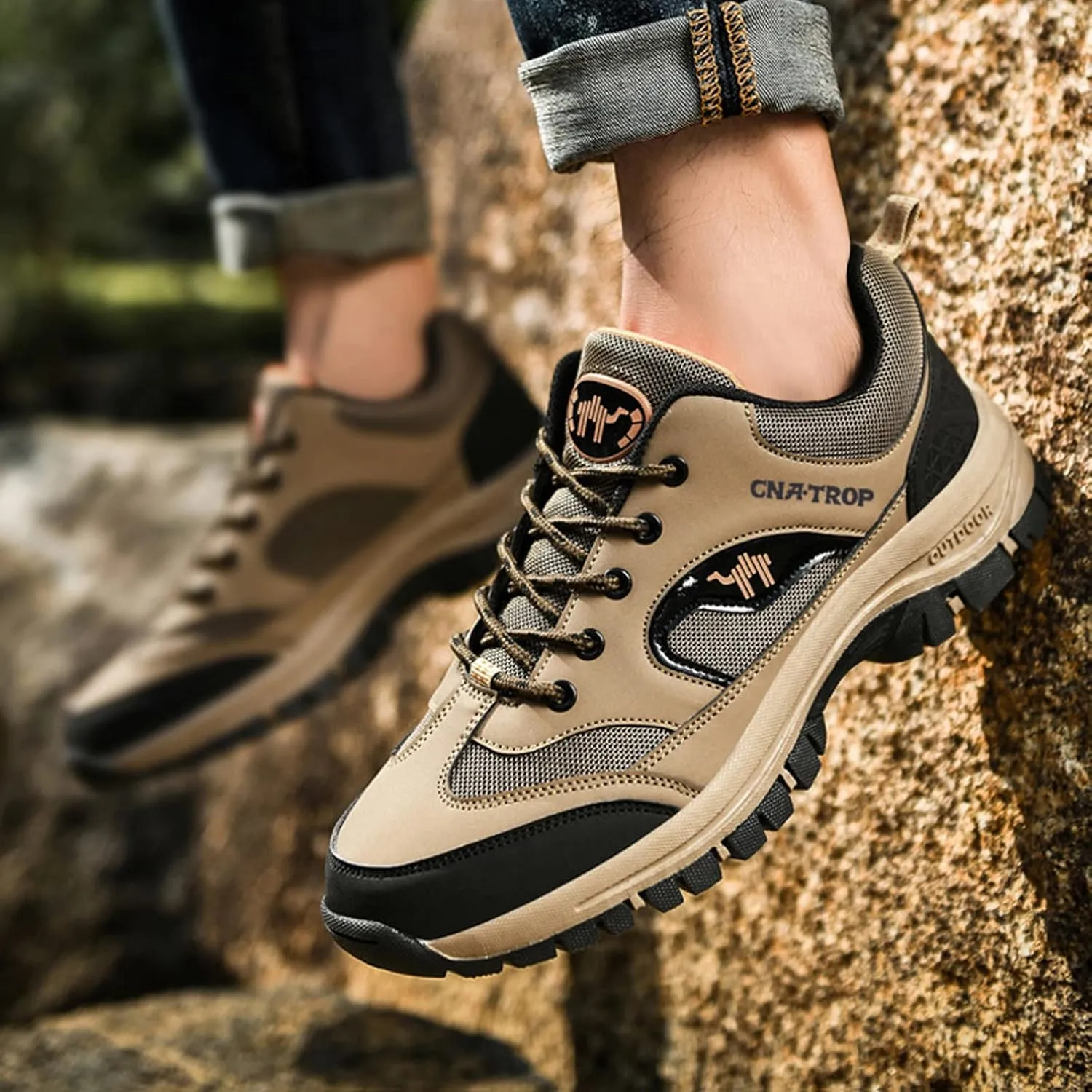 UGOSELEC Men's Low Top Outdoor Walking Hiking Shoes Trekking Sneakers,Comfort Breathable Non-Slip Arch Support Leather Trails Shoes