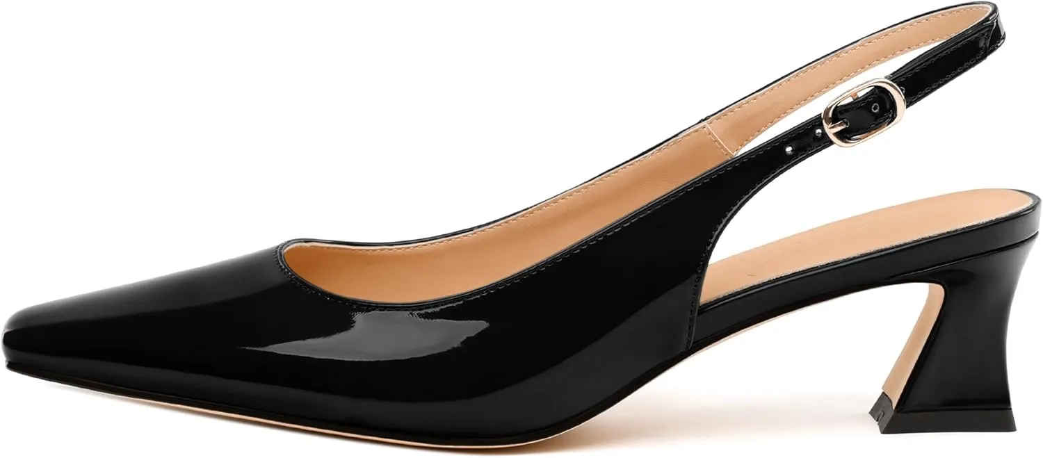 Womens Slingbacks, Small Square Toe Mid Block Heel Slingback Pumps for Women, Leather Insole Pumps Shoes Buckle Closure 2"