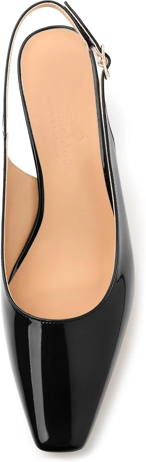 Womens Slingbacks, Small Square Toe Mid Block Heel Slingback Pumps for Women, Leather Insole Pumps Shoes Buckle Closure 2"