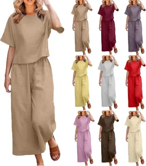 Womens Summer 2 Piece Outfits 2024 Loose Short Sleeve Tops Wide Leg Pants Matching Lounge Set Beach Vacation Clothes