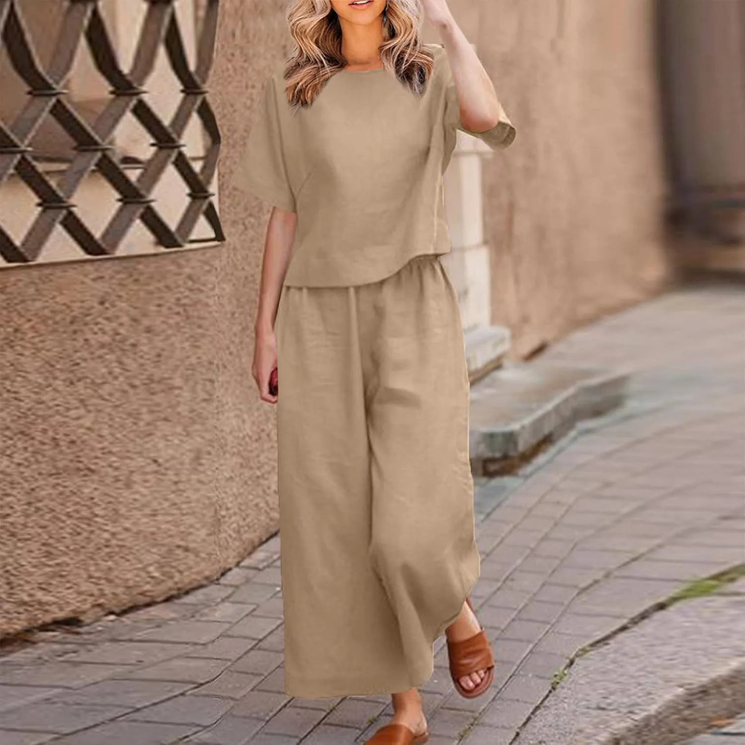 Womens Summer 2 Piece Outfits 2024 Loose Short Sleeve Tops Wide Leg Pants Matching Lounge Set Beach Vacation Clothes