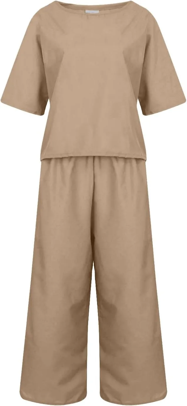Womens Summer 2 Piece Outfits 2024 Loose Short Sleeve Tops Wide Leg Pants Matching Lounge Set Beach Vacation Clothes