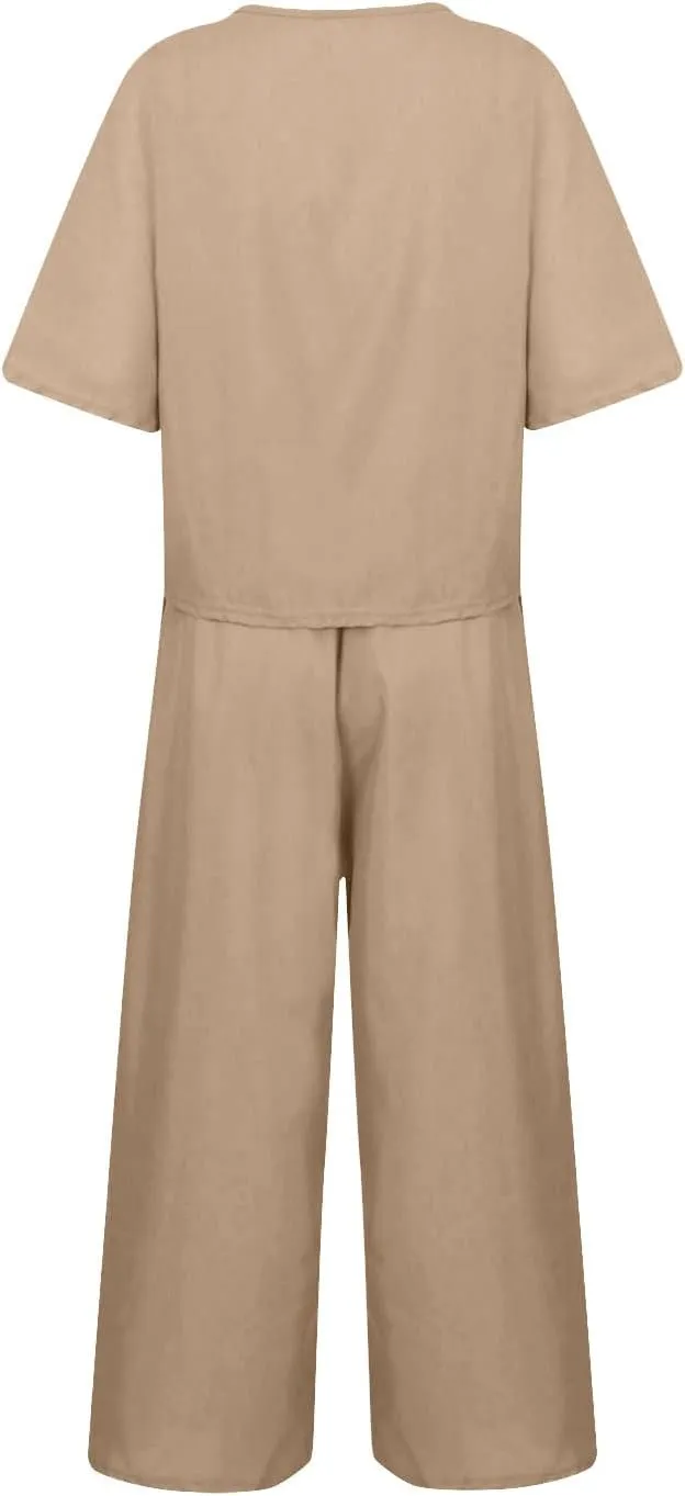 Womens Summer 2 Piece Outfits 2024 Loose Short Sleeve Tops Wide Leg Pants Matching Lounge Set Beach Vacation Clothes